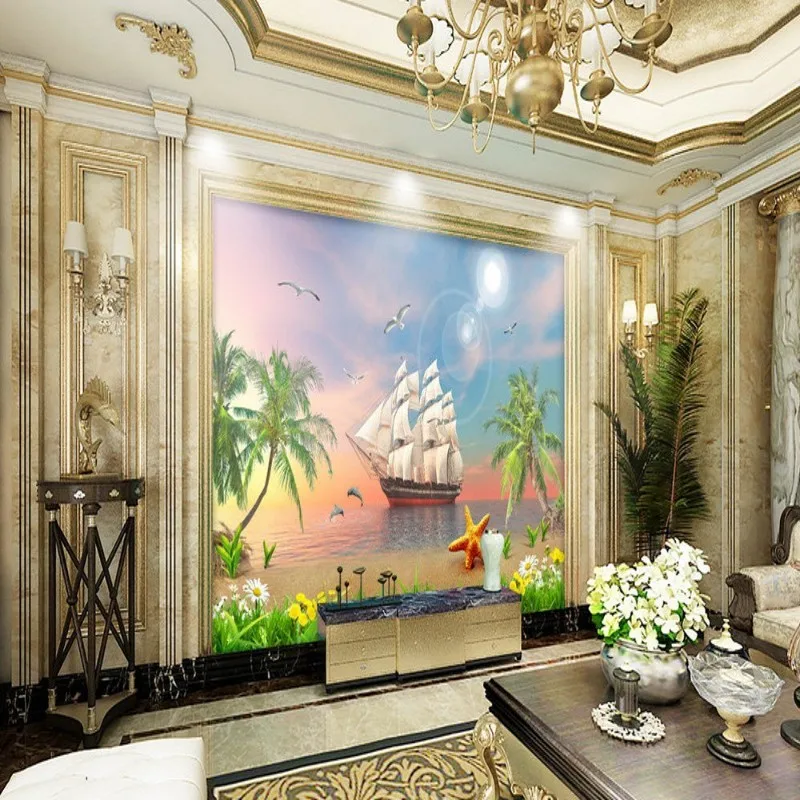 

Dropship Colomac Custom Wallpaper Smooth Sailing Sunset Coconut Tree Beach Bedroom Wallpaper Paper Wall Papier Peint Mural