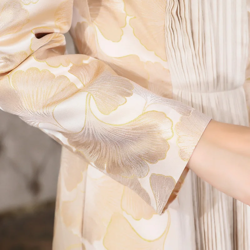 VOA Rococo милое пальто Тренч для девочек шелковое бежевое с принтом листьев гинкго