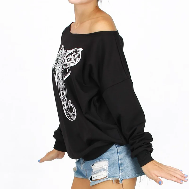 HEE GRAND/женская черная толстовка с начесом и принтом слона длинным рукавом