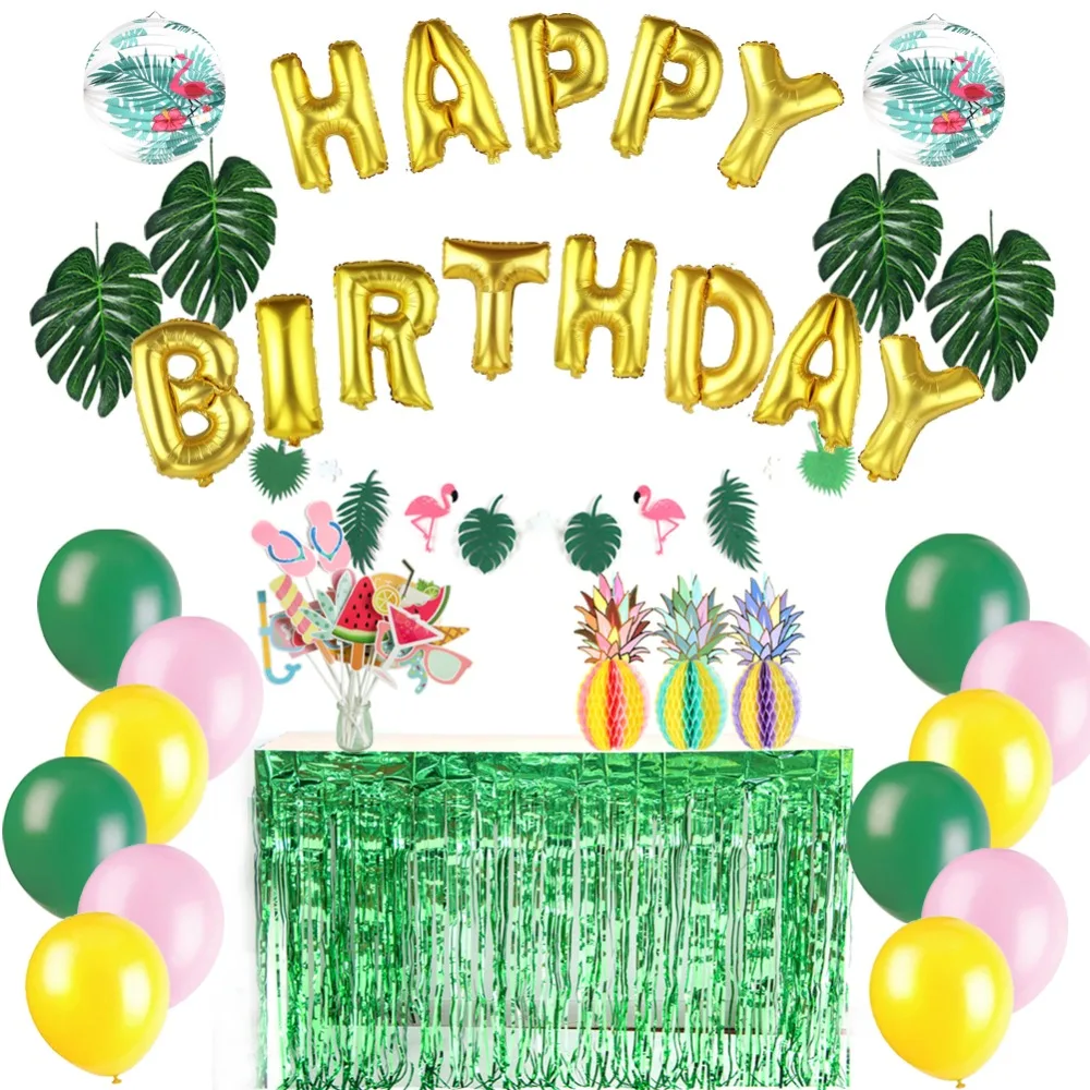Summer Happy Birthday Party Decoration Set Jungle Foil Balloon Flamingo Lantern Pineapple Table Skirt Palm Leaves Photo Decor | Дом и сад