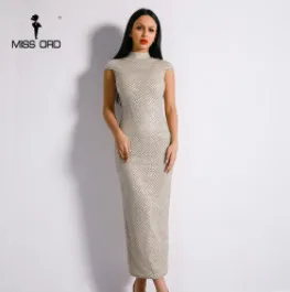 Yesexy Sexy High Neck Short Sleeve Glitter Female Dress High Split Elegant Geometry Party Dress VR8937 - Цвет: Серебристый