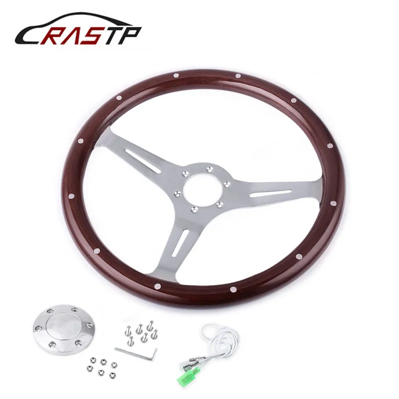 

15inch 380mm Steering Wheel Classic Sport Wooden Grain Silver Brushed Spoke Chrome Steering Wheel With Horn Button RS-STW015-B