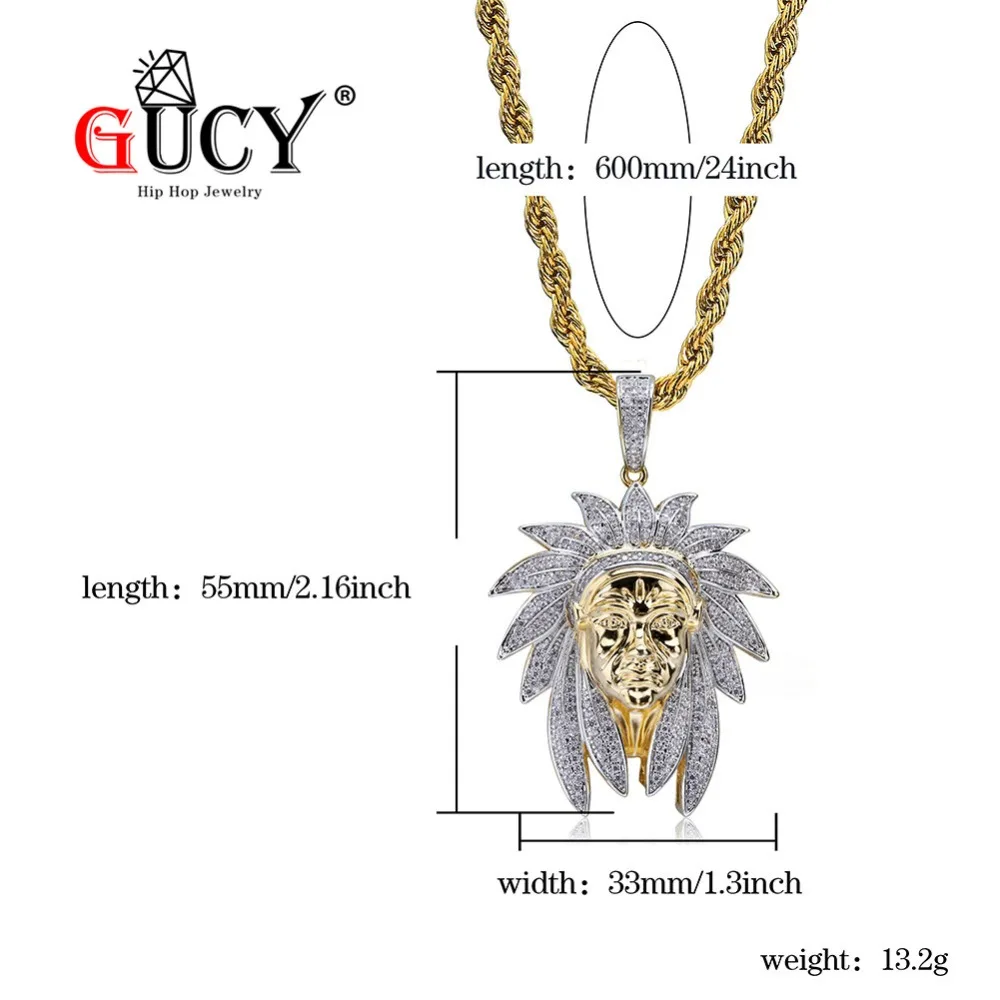 GUCY Bling Hip Hop Indian Chief Pendant Necklace Iced Out Cubic Zircon With 4MM Tennis Chain Gold Color CZ Gift For Men | Украшения и