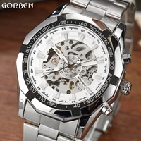 new luxury brand silver winner luminous automatic mechanical skeleton white dial watch steel band mens bracelet wrist watch gift