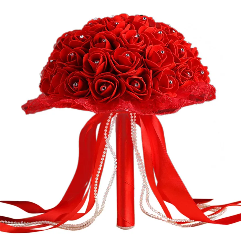 Новое поступление 2017 розы с кристаллами жемчужный Свадебный букет невесты