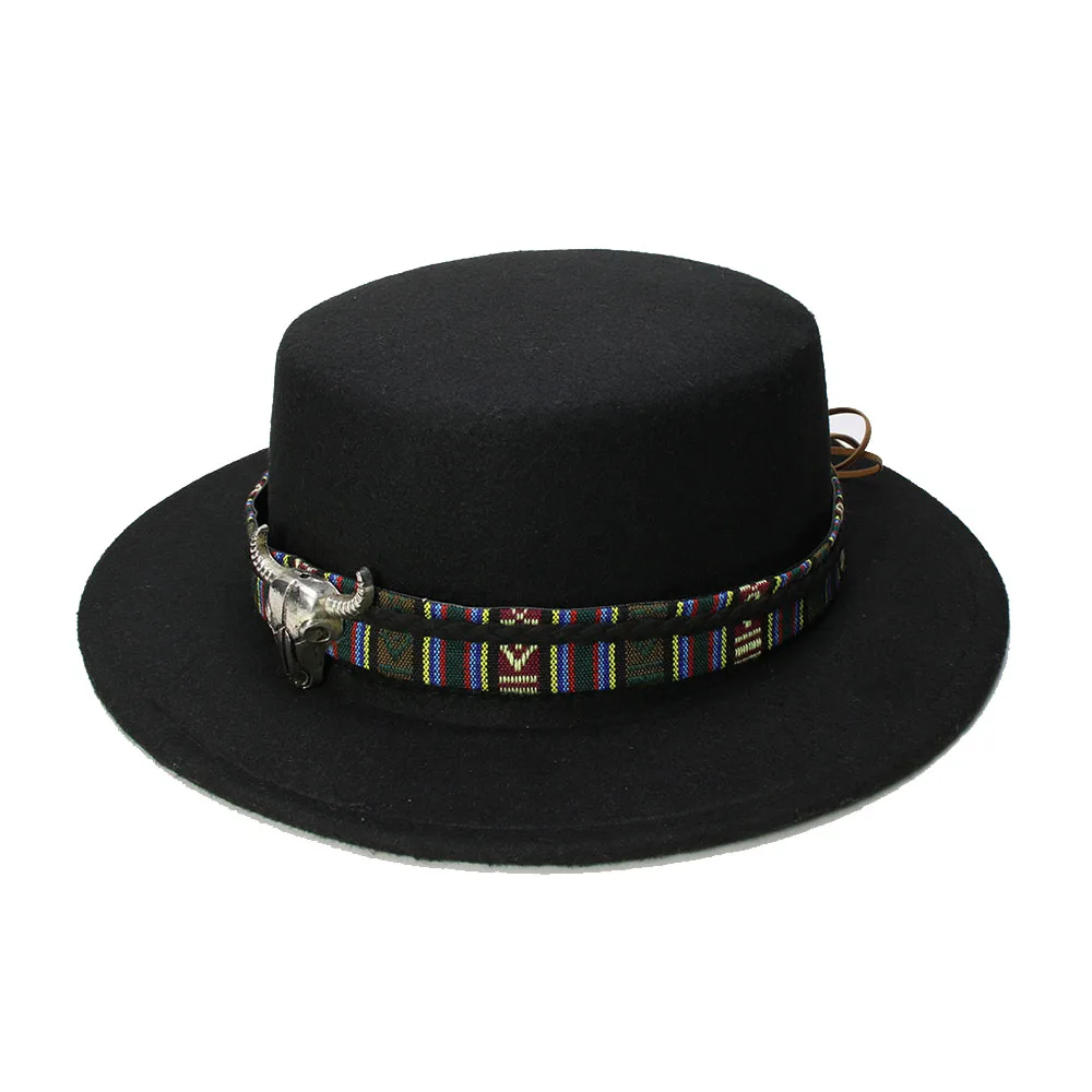 

LUCKYLIANJI Retro Women Men Vintage 100% Wool Wide Brim Cap Pork Pie Porkpie Bowler Hat Cow Head Leather Band (57cm/Adjusted)