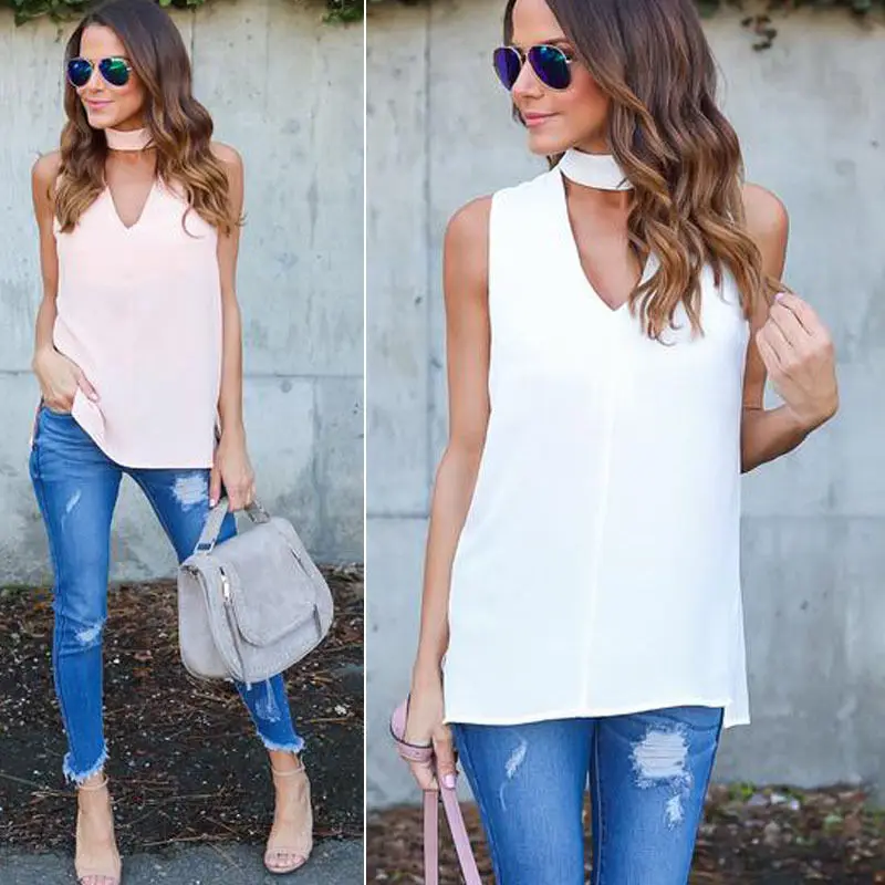 Ladies Summer Fashion Solid Casual Sleeveless Blouses Sexy Chiffon Strapp Blouse | Женская одежда