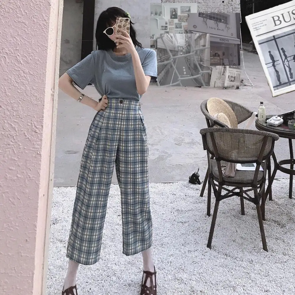 Повседневные свободные ретро тонкие клетчатые брюки женские Buttom корейский Панк