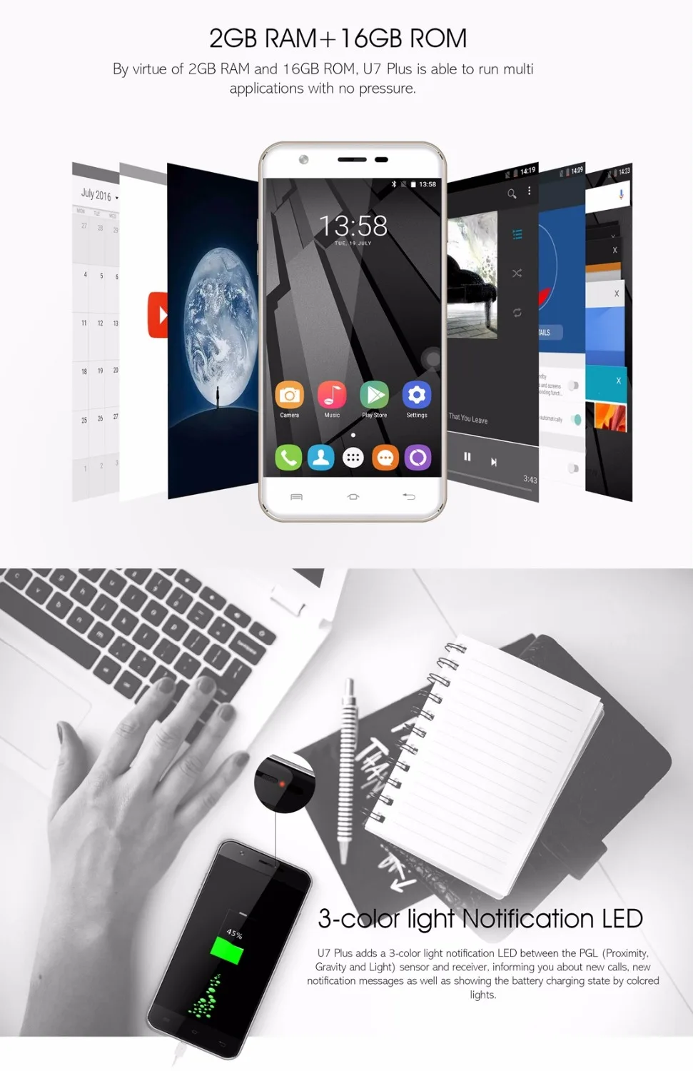 US Version OUKITEL U7 Plus Smartphone 5.5 inch Android 6.0 MTK6737 Quad Core 1.3GHz 2GB RAM 16GB ROM 2500mAh Cheap Phone LTE 4G | Мобильные