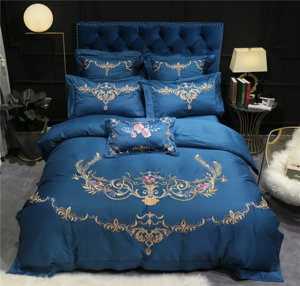 Роскошные Синие постельные принадлежности из египетского хлопка с вышивкой 80 S