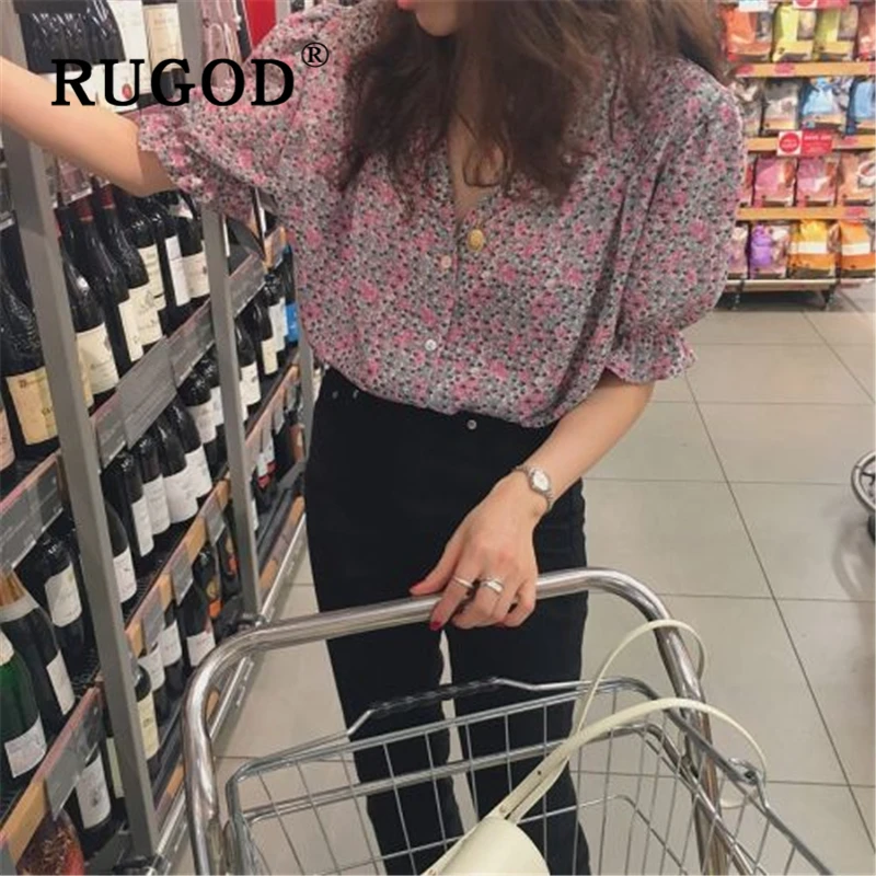 RUGOD элегантная шифоновая женская блузка с принтом корейские шикарные рукава-клеш