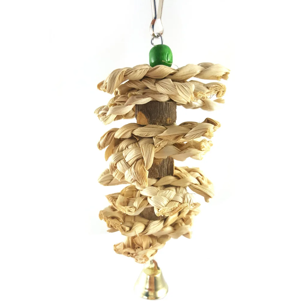Natural Wooden Птица Попугай Игрушка с каракатицей кость и колокольчик натуральная деревянная трава жевательный укус подвесная клетка качели подъем жевательные игрушки 3 стиля - Цвет: Natural Wooden