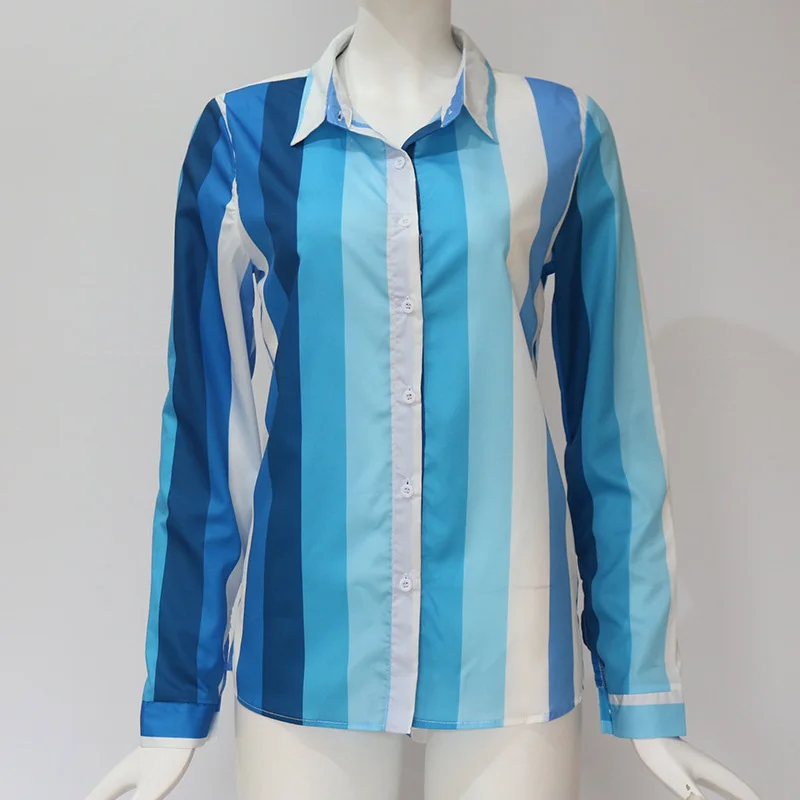 2019 Новая женская модная рубашка с лацканами Повседневная в полоску длинным