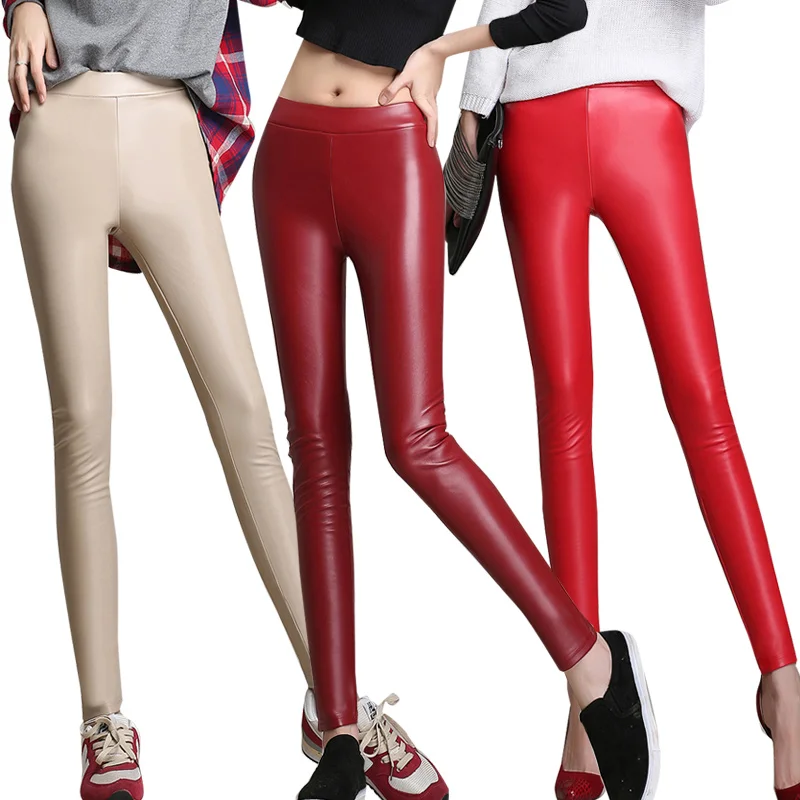 Большие размеры зимние штаны из искусственной кожи с высокой талией женские