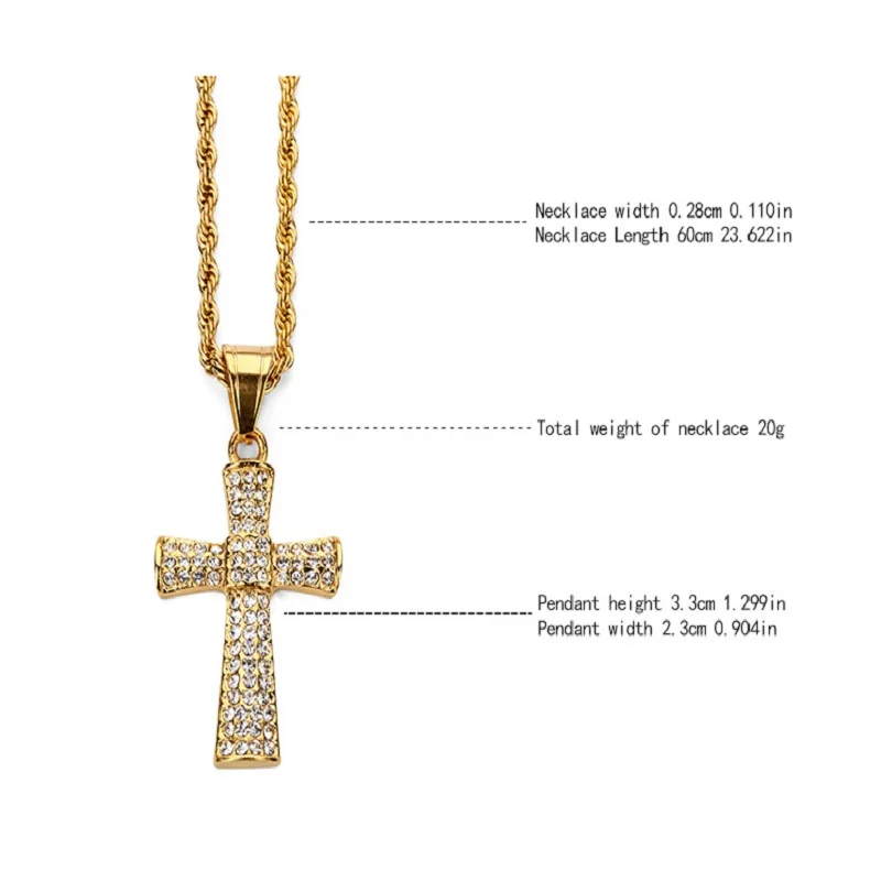 Мода Хип-хоп мужские крест ожерелье шипованных горный хрусталь Bling ювелирные