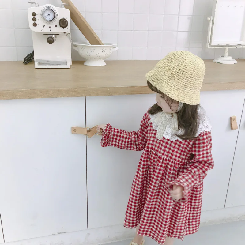 Весна-осень милые модные платья в клетку с кружевным воротником для девочек 2019 г.