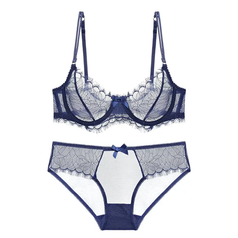 Blue Женское сексуальное нижнее белье, набор для ресниц, кружевное нижнее белье на косточках, пуш-ап, тонкая чашка 3/4, бюстгальтер с бантом, трусики с регулируемым ремешком, нижнее белье, Комплект бюстгальтеров 310 - Цвет: Blue
