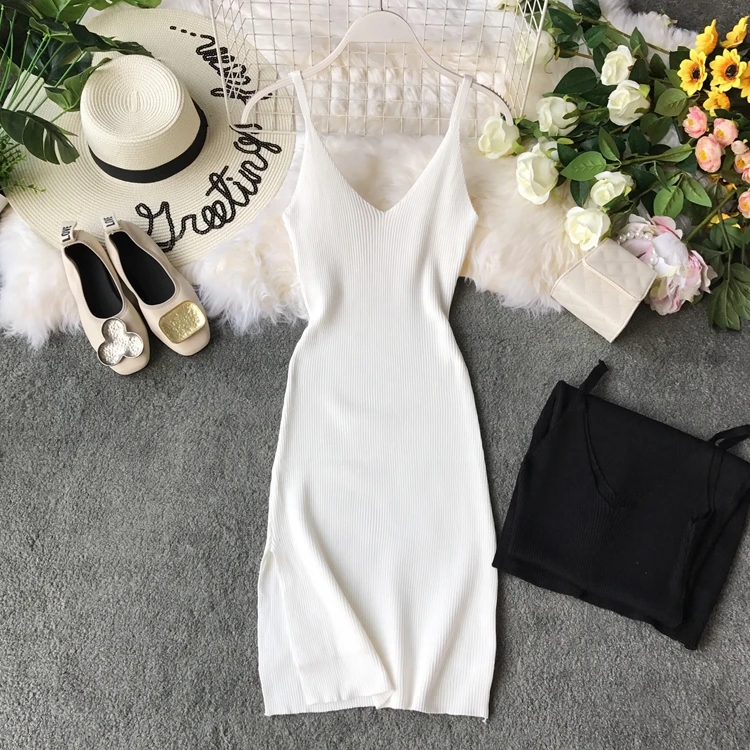 Новинка 2019 модные женские платья весеннее вязаное платье на тонких бретельках |