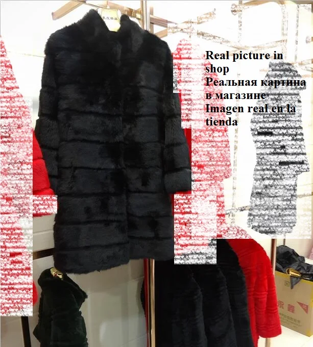 Модное длинное пальто с натуральным кроличьим мехом без капюшона, женские зимние слипоны, очень длинное меховое пальто из натурального меха, женские куртки - Цвет: Черный
