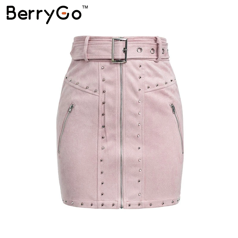 BerryGo модные замшевые мини юбки на молнии с заклепками женские розовые высокой