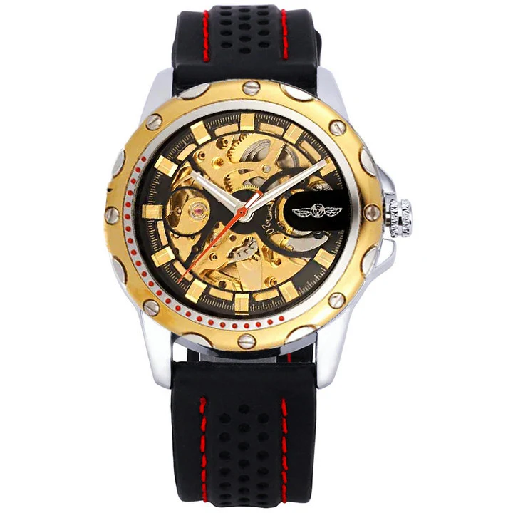 GOLDEN BLACK Лучшие продажи, спортивные часы для мужчин, скелет, автоматические механические наручные часы, резиновый ремешок, роскошный бренд, дизайн, победитель, золотые часы - Цвет: GOLDEN BLACK
