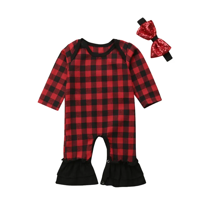 

Newest Pop Baby Girls Checked Long Sleeve plaid Red Rompers fashion Christmas Jumpsuit Headband Outfits 2PCS Clothes Set 0-24M