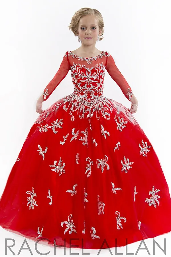 

Stunning Long Sleeves Flower Girls Dress Red Sheer Illusion Ball Gown Floor Length Beading Crystal Girls Pageant Dress