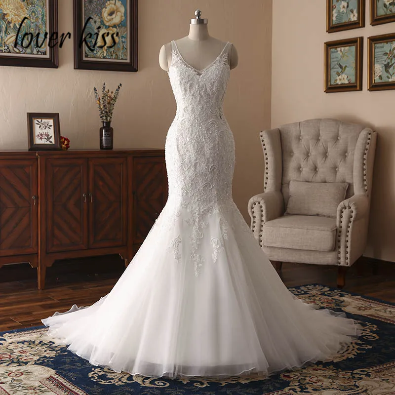Любовник Поцелуй V образным вырезом Свадебное платье Русалка Кружева Vestidos De Noiva