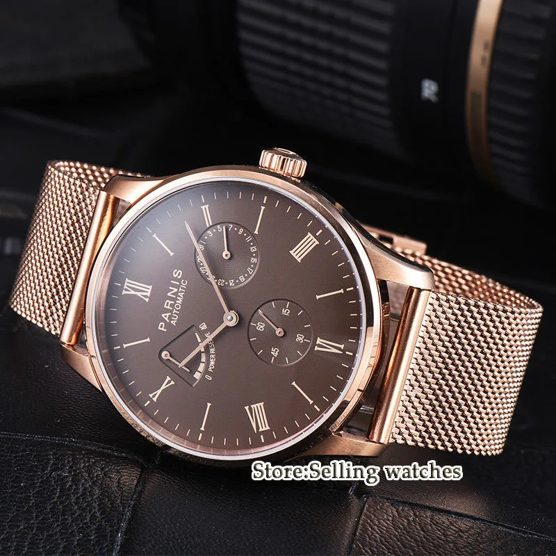 

42mm parnis brown dial power reserve ST1780 automatic movement mens watch