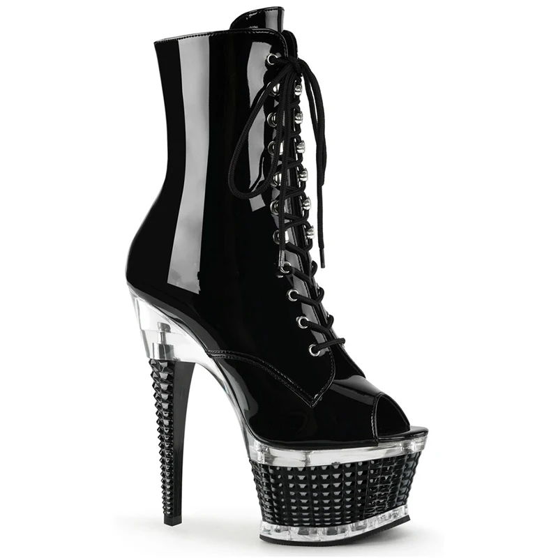 GlossyBlack 16cmHeel Ботинки; женская обувь на платформе; ботильоны на высоком каблуке 16 см; черные блестящие кожаные ботинки на молнии со шнуровкой; Fenty Beauty; женская обувь - Цвет: GlossyBlack 16cmHeel