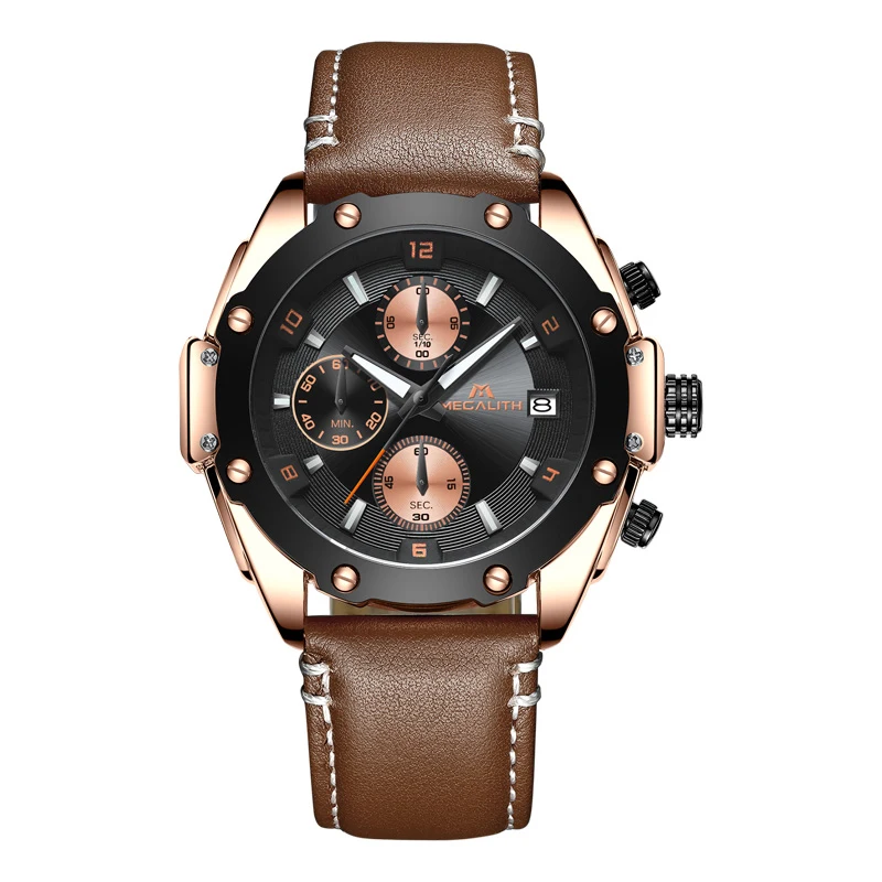 leather brown 8031 MEGALITH спортивные часы с хронографом для мужчин, водонепроницаемые аналоговые кварцевые наручные часы с датой, мужские часы с синим кожаным ремешком - Цвет: leather brown 8031