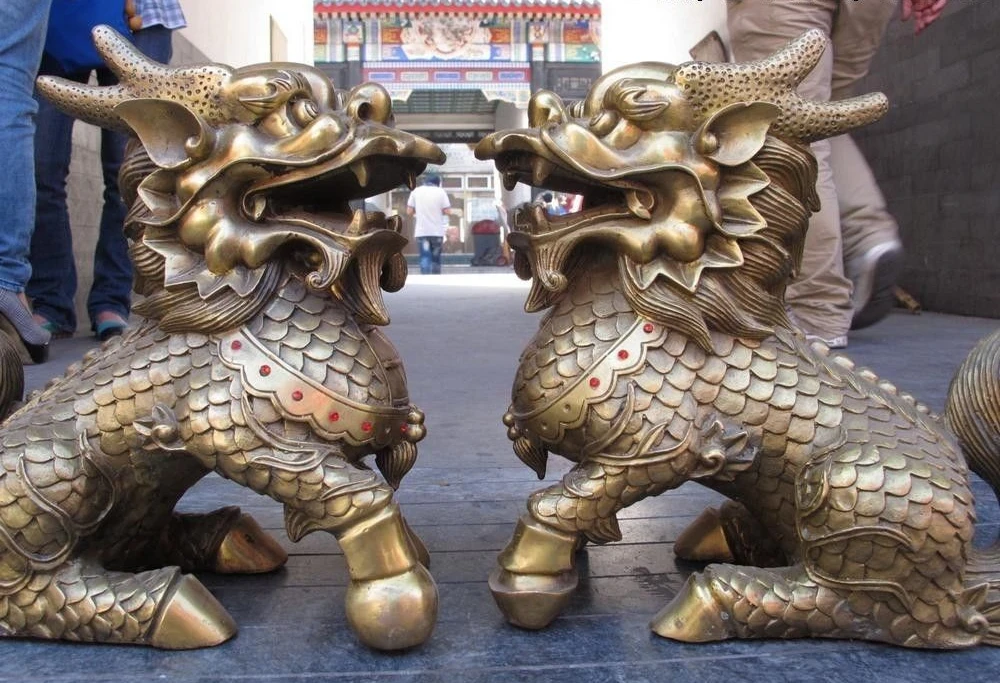 Китайский латунный по феншуй медный Foo собака охранник лев зверь фигурка с