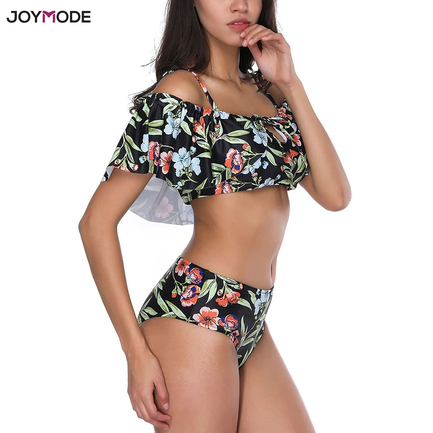 JOYMODE с открытыми плечами Купальник из двух частей с воланами Купальник для женщин с оборками пляжное бикини с высокой талией Mujer Cintura Alta Biquini