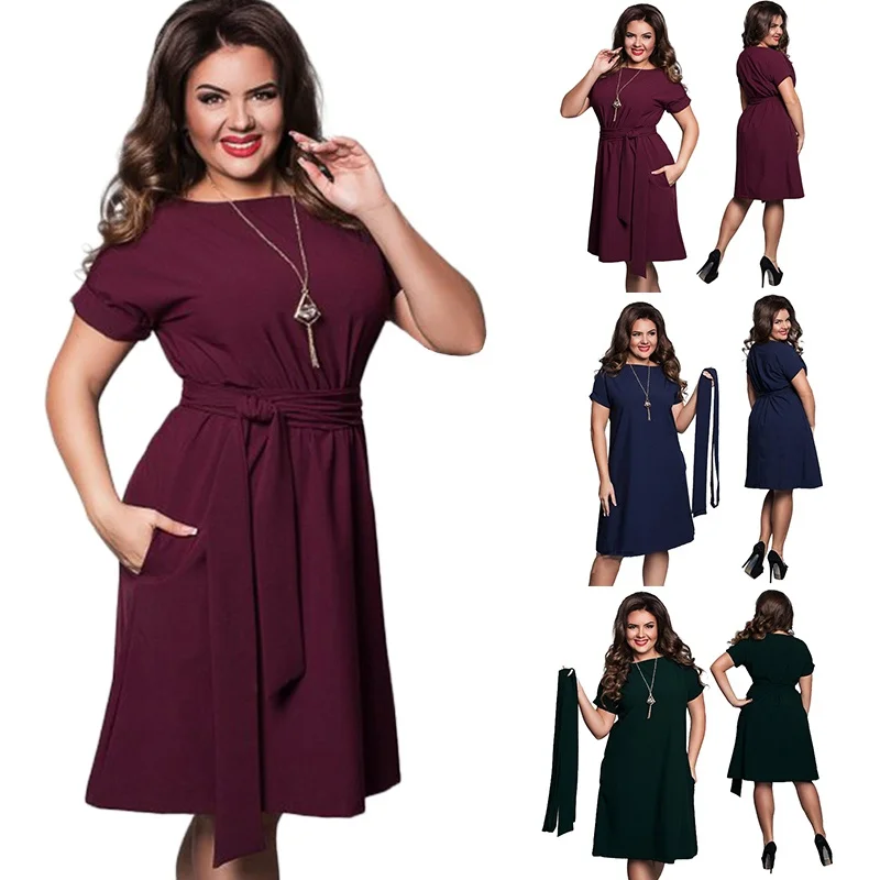 Платье женское летнее с круглым вырезом и ремнем|plus size women dresses|dresses big sizeswomen dress |