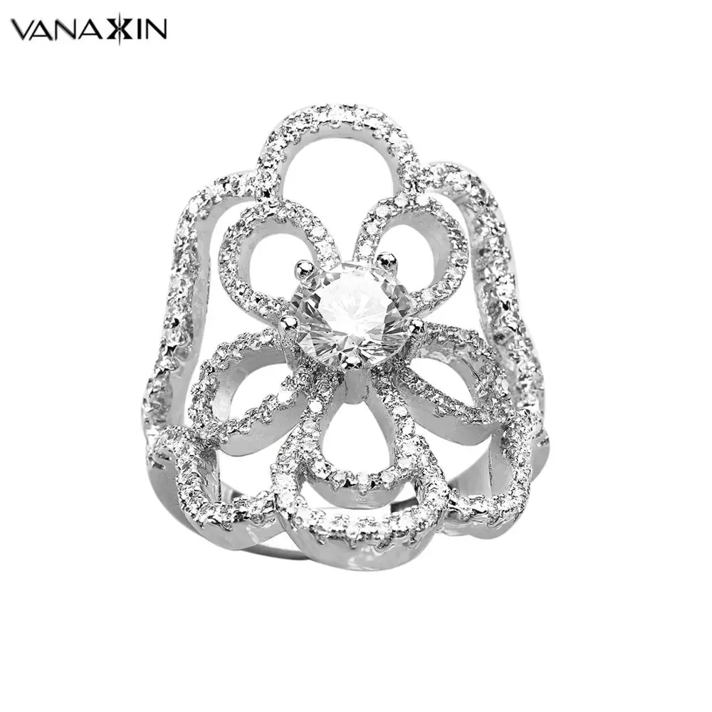 

Women Copper Rings Flower Silver Color Engagement Party Rings For Female CZ Shiny Charming Jewelry Party Gift Box