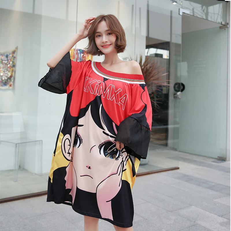 Summer short-sleeved dress female 2019 large size women's trend print off-shoulder loose casual T-shirt 5 points sleeve skirt | Женская