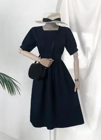Navy Blue Летние милые платья для женщин, праздничная одежда для свиданий, элегантное женское платье трапециевидной формы с бантом, красное, Черное длинное винтажное платье из хлопка и льна 5829 - Цвет: Navy Blue