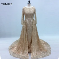 sparkly gold evening dresses sequin 2021 mermaid long sleeves detachable skirt women formal party prom gowns