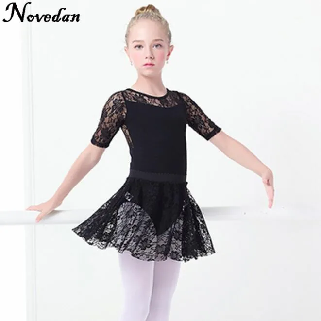 Black Mid Sleeve Сексуальный черный кружевной танцевальный костюм для балета без рукавов/с длинными рукавами детский сетчатый танцевальный костюм для девочек, комплект с кружевной юбкой - Цвет: Black Mid Sleeve