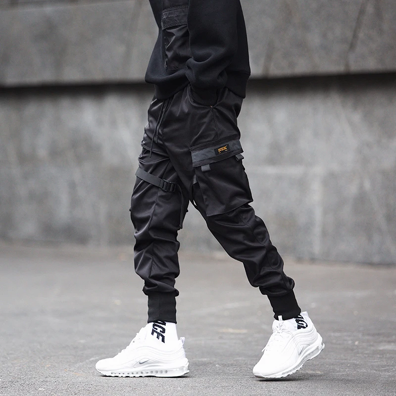 Мужские брюки-карго с лентами и карманами, черные брюки-султанки с цветнымиблоками, Джоггеры в стиле Харадзюку, спортивные штаны в стиле хип-хоп, 2023
