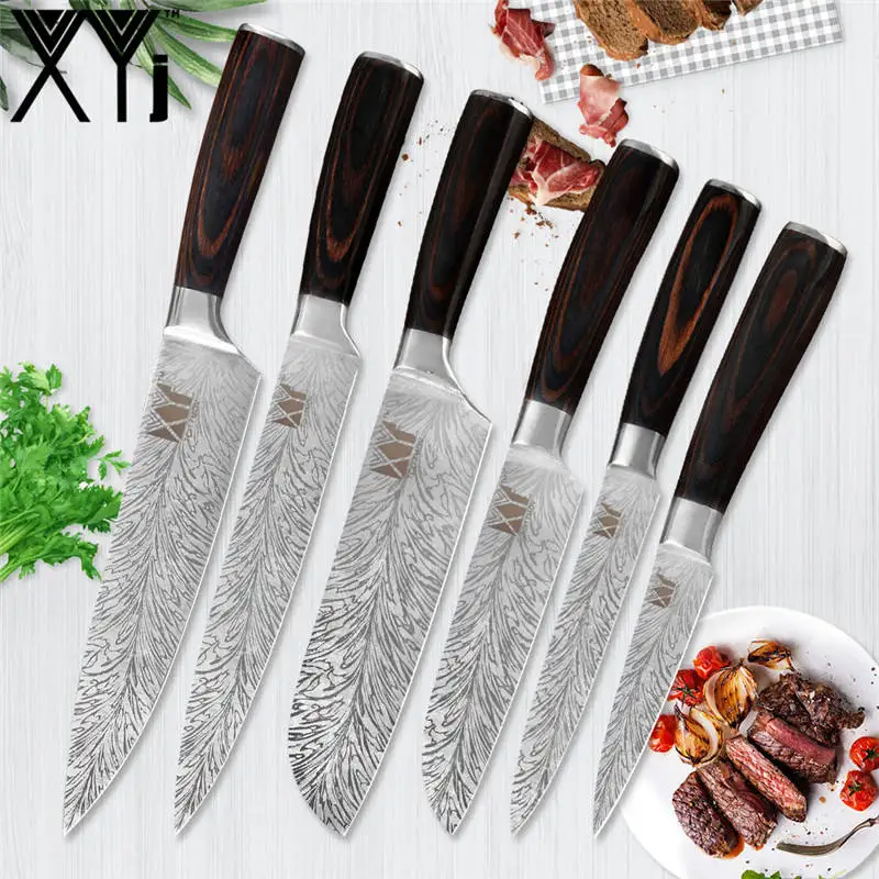 E.6pcs set XYj 8 шт. кухонный инструмент ножи из нержавеющей стали набор дамасских вен острое лезвие, поварской нож 8 ''кухонный держатель точилка барные инструменты - Цвет: E.6pcs set