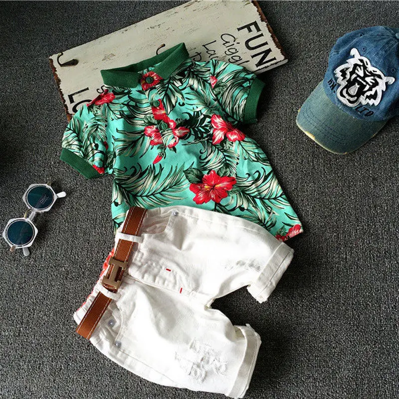 2pcs Toddler Kids Baby Boy Fashion Sets Flower Shirt + White Short Pants Outfits Cotton Summer Clothing Set | Детская одежда и