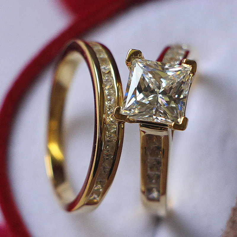 Желтое золото, 2CT, принцесса, микро проложили Стерлинговое серебро, ювелирные изделия, синтетический алмаз, кольца, набор для женщин, помолвка, для женщин, S925