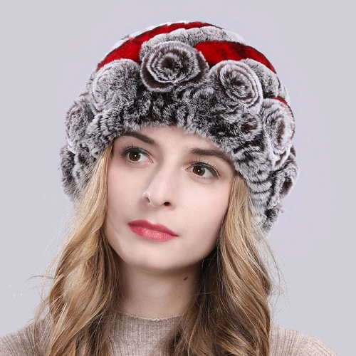 coffee and red Новые зимние шапки из меха кролика рекс женский Настоящий мех кролика Цветочные шапочки вязаная шапка ручной работы натуральная шапка из меха кролика рекс - Цвет: coffee and red