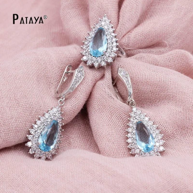blue PATAYA, Женский Солнечный свадебный ювелирный набор, Настоящее Белое золото, винтажные ювелирные изделия, темно-синие капли воды, натуральный циркон, серьги, кольца, наборы - Окраска металла: blue