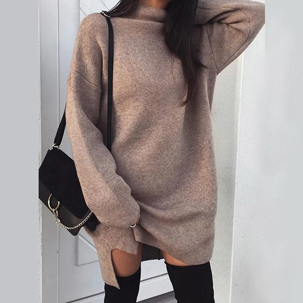 Women High Collar Knitted Dress Casual Skirt Long Sleeve Loose Sweater Knitwear | Женская одежда