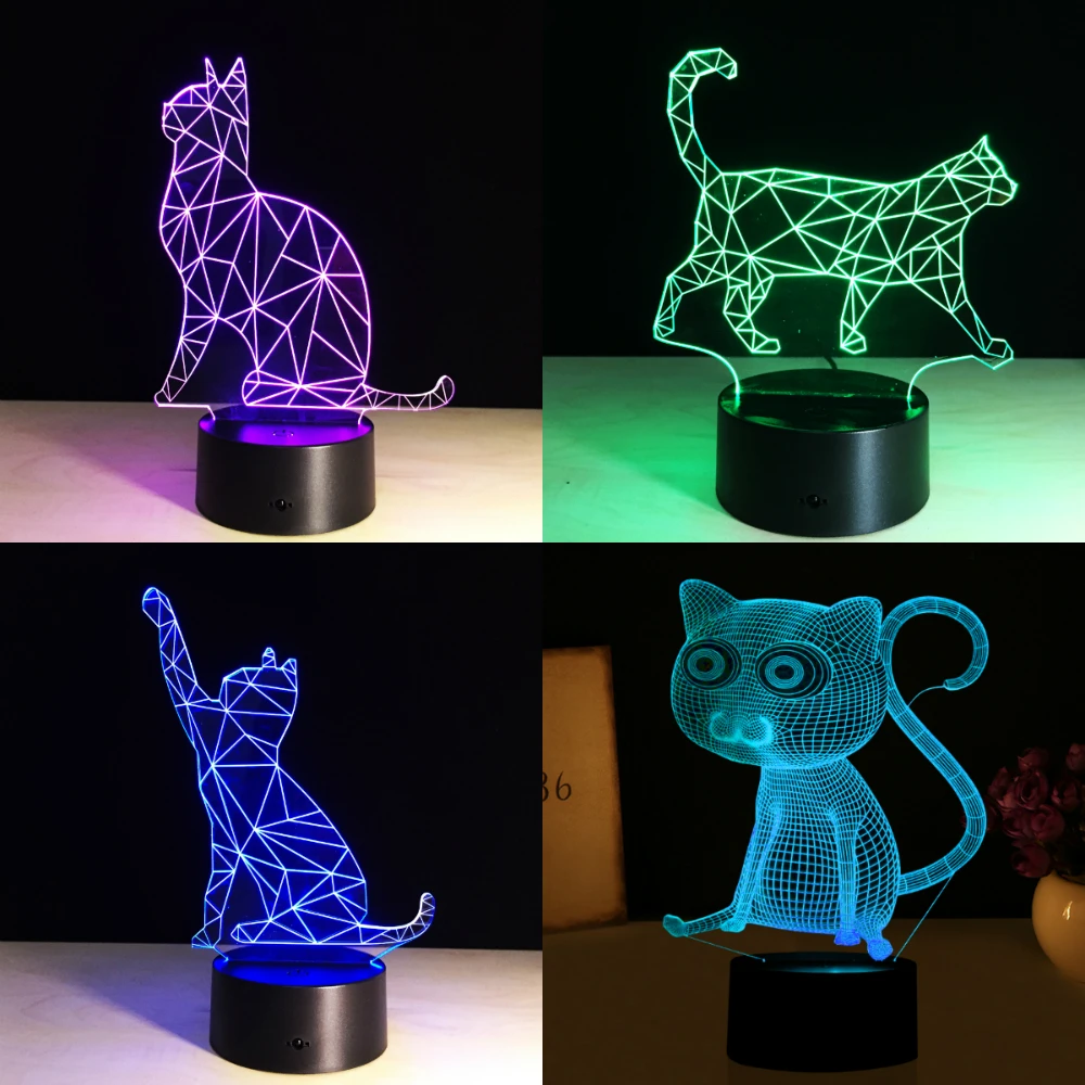 7 Цвета прекрасные пешеходные Cat 3D акриловые светодиодные лампы ночной