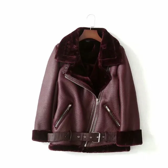 2018 Autumn Winter Women Pu Leather Coat Zipper Sashes Warm Jacket Casual Fashion Imitation Fur Outwear | Женская одежда