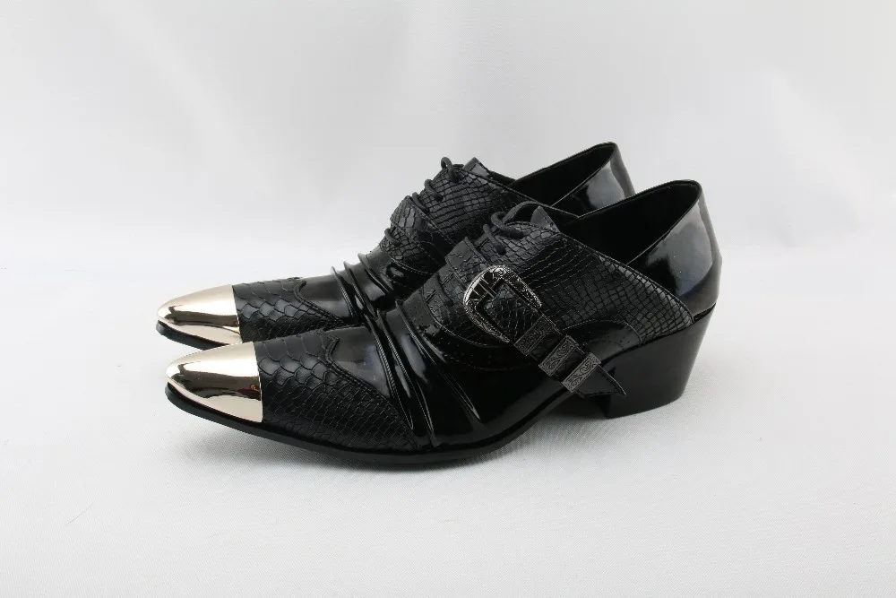 Mens pointed toe dress shoes black white color crocodile skin men leather iron formal wedding spiked loafers | Обувь