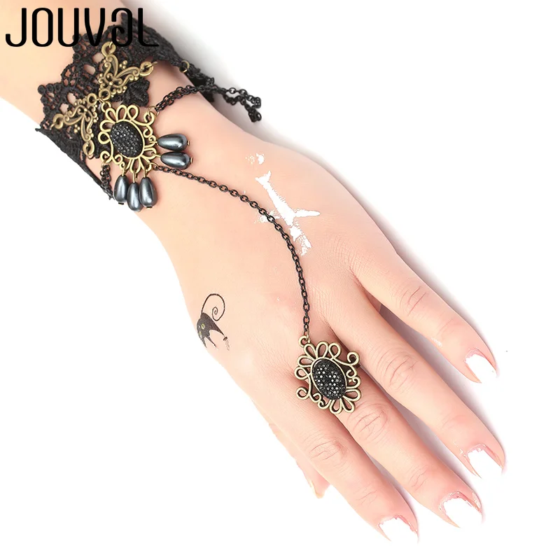 Женский готический браслет JOUVAL черный и белый кружевной цепочка на палец с